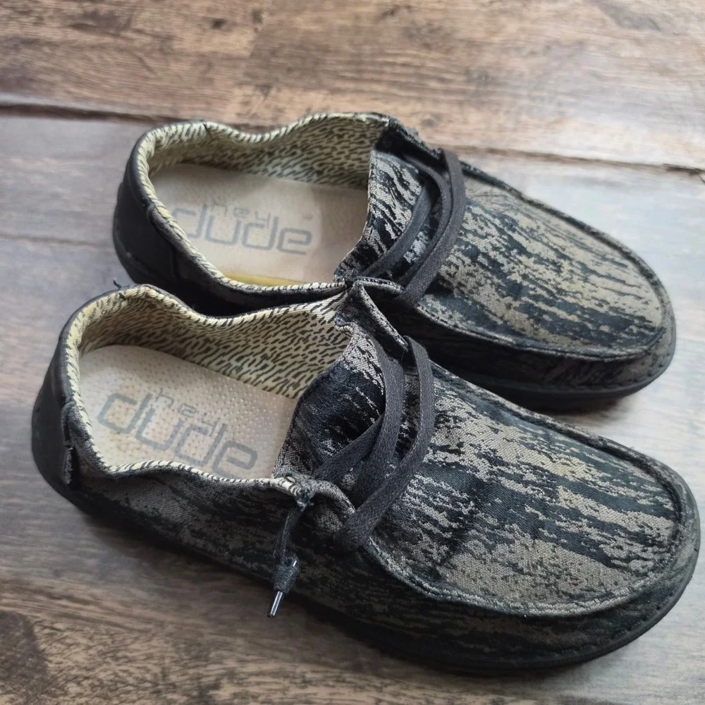 HEY DUDE Wendy Loafers Mens 8 Black Marble Canvas Slip On‎ Shoes 121414799